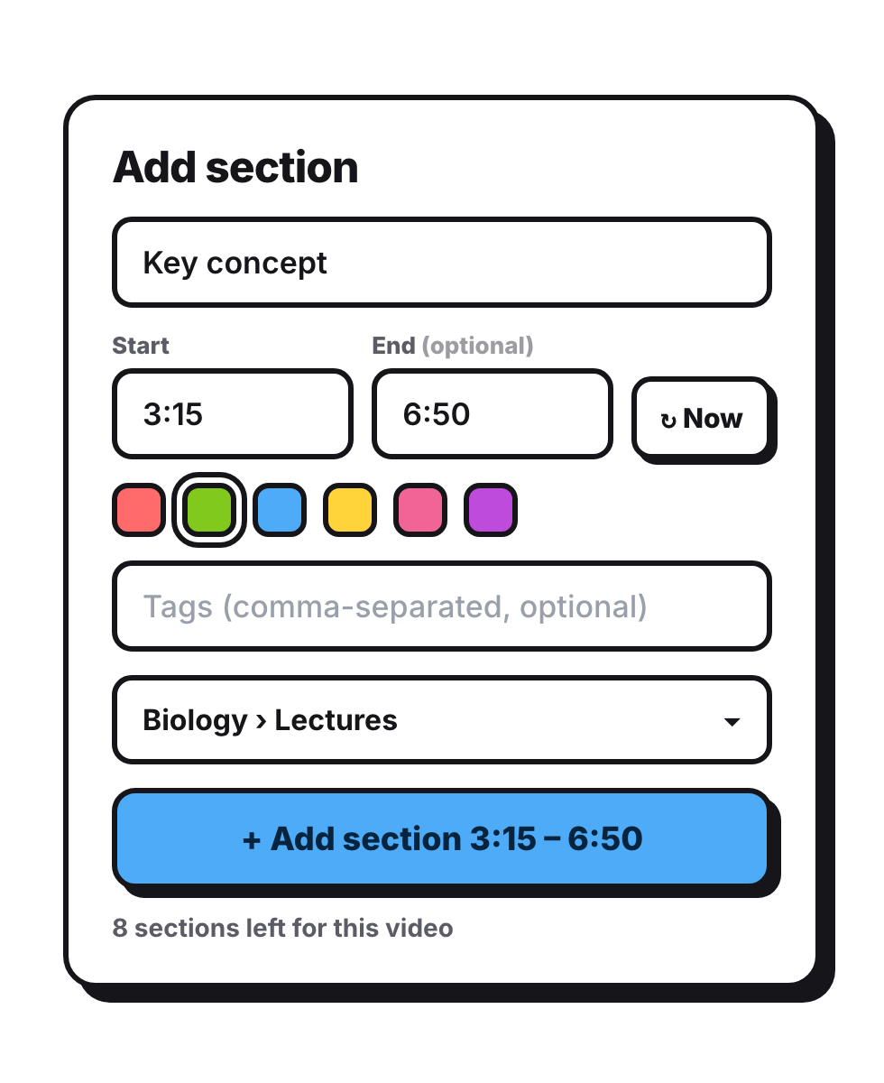 The Add section popup with a name, start and end times, color swatches, a folder, and an Add button