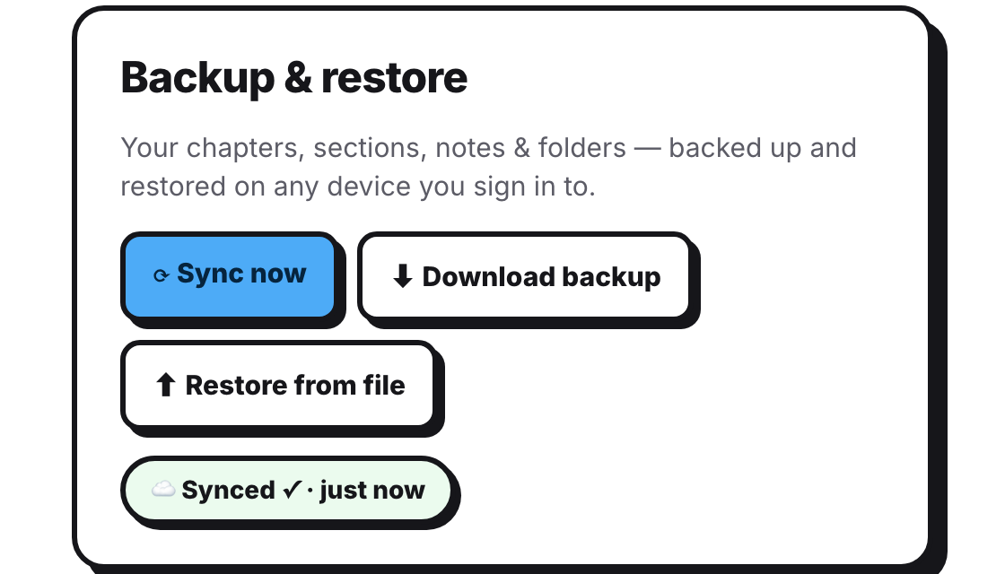 Backup and restore panel with Sync now, Download backup, Restore from file, and a Synced badge